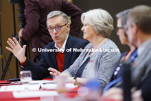 Chancellor Ronnie Green talks with the group as Executive Vice Chancellor Katherine Ankerson listens