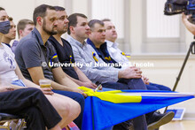 Mykhailo Smyshliaiev, a member of the Ukrainian community in Lincoln brought the Ukrainian flag to t