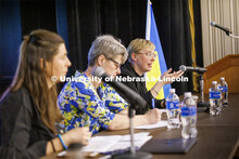 Courtney Hillebrecht, Director of Human Rights and Humanitarian Affairs, talks with the audience. St