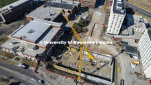 A construction crane fills the sky as work progresses on Kiewit Hall. March 2, 2022. 