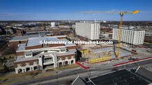 A construction crane fills the sky as work progresses on Kiewit Hall. March 2, 2022. 
