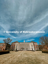 Exterior view of the south side Love Library. City Campus. March 3, 2022. 