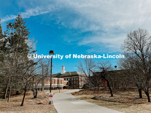 Exterior view of Love Library and the Link. City Campus. March 3, 2022. 