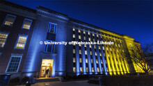 Love Library on the Nebraska’s City Campus is bathed in blue and yellow lights to show the world o