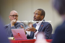 Marco Barker, Vice Chancellor for Diversity and Inclusion, talks with the group. Chancellor’s grou