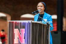 Admitted students listen to Batool Ibrahim, President of the Black Student Union, at the Welcome Pep