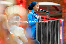 Admitted students listen to Batool Ibrahim, President of the Black Student Union, at the Welcome Pep