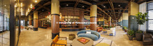 Panoramic view of the lobby of the Scarlet Hotel. The Scarlet Hotel on Nebraska Innovation Campus ha