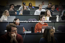 Students listening to a lecture in McCollum Hall. College of Law photo shoot. April 20, 2022. 