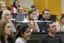 Students listening to a lecture in McCollum Hall. College of Law photo shoot. April 20, 2022. 