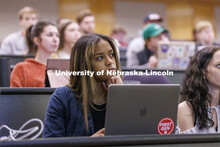 Students listening to a lecture in McCollum Hall. College of Law photo shoot. April 20, 2022. 