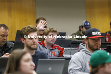 Students listening to a lecture in McCollum Hall. College of Law photo shoot. April 20, 2022. 