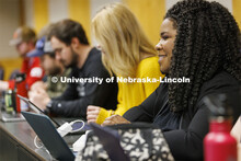 Students listening to a lecture in McCollum Hall. College of Law photo shoot. April 20, 2022. 