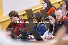Students listening to a lecture in McCollum Hall. College of Law photo shoot. April 20, 2022. 