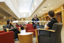 Students hanging out socializing in the hallway. College of Law photo shoot. April 20, 2022. 