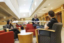 Students hanging out socializing in the hallway. College of Law photo shoot. April 20, 2022. 