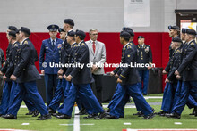 Air Force Lieutenant Colonel C J Zaworski and UNL Chancellor Ronnie Green review the cadets as they 