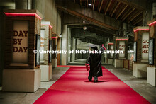 Herbie Husker in cap and gown to promote 2022 spring commencement in Memorial Stadium.  May 4, 2022.