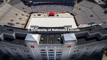 Memorial Stadium field covered for Saturday’s commencement. May 11, 2022. 