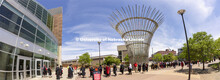 Grads line up outside Pinnacle Bank Arena before commencement. Graduate commencement in Pinnacle Ban