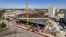 Three of the six floors of Kiewitt Hall, the new College of Engineering building, rise above campus.