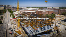 Three of the six floors of Kiewitt Hall, the new College of Engineering building, rise above campus.