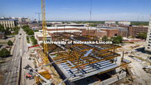 Three of the six floors of Kiewitt Hall, the new College of Engineering building, rise above campus.