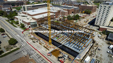Three of the six floors of Kiewitt Hall, the new College of Engineering building, rise above campus.
