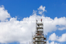 Scaffolding continues to be erected on the Love Library cupola as renovation work begins. June 8, 20