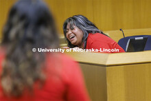 Papa Bear, played Yanci Torres of Grand Island High School, breaks down laughing while being questio