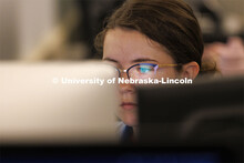 Samantha Byrd, a UNL history major from Ogallala, works to input a historical document. Research Exp