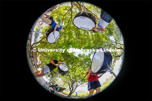 The Cornhusker Marching Band percussion groups kick off the school year. Bass drummers, clockwise fr