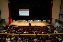 Chancellor Ronnie Green address the First Husker 2022-2023 cohort on their first day of camp. First 