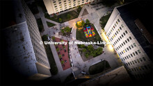 Nighttime aerial view of Harper Schramm Smith residence halls block party. August 18, 2022. 