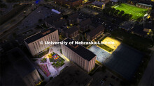 Nighttime aerial view of Harper Schramm Smith residence halls block party. August 18, 2022. 