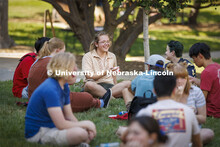 Sam Pharris, a freshman from Aberdeen, South Dakota, talks with new friends at the Hixon-Lied Colleg