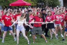 A group of students including Sam Pharris, a freshman from Aberdeen, South Dakota, dance at the Chan