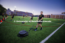 Matt Toland and other senior cadets drag 45 pounds as part of the Army Combat Fitness Test. The ROTC