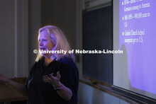 Ann Tschetter teaches her HIST 326 course. History classes for department and NU Foundation. August 