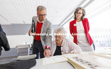 Ruth Scott looks over correspondence from George Beadle that reside in the UNL Library Special Colle