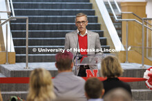 Chancellor Ronnie Green speaks at the ribbon cutting for the renovation of the Schmid Law Library at