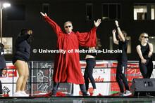 Disguised in a red robe, Chancellor Ronnie Green dances at Showtime at the Vine Street Fields. Recog