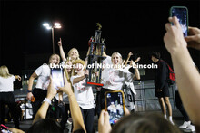 Members of Triad 12 (Delta Gamma, Sigma Chi and Pi Alpha Chi) have a championship moment on stage. S