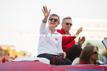 Jane Green waves to the crowd as she and Chancellor Ronnie Green served as grand marshals of the par