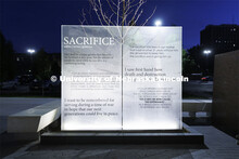 Veterans Tribute lit up at night outside the Military and Naval Science Building. October 21, 2022. 