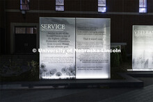 Veterans Tribute lit up at night outside the Military and Naval Science Building. October 21, 2022. 