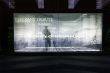 Veterans Tribute lit up at night outside the Military and Naval Science Building. October 21, 2022. 