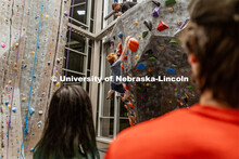 Kaleb McQuillan, first year master’s student, climbing a boulder route during the League of Extrao