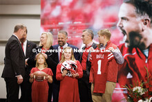 Husker head football coach Matt Rhule shares a laugh with Chancellor Ronnie Green as NU President Te
