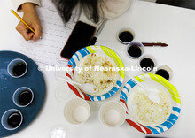 Students write their observations after tasting nine different soy sauces. Heather Hallen-Adams teac